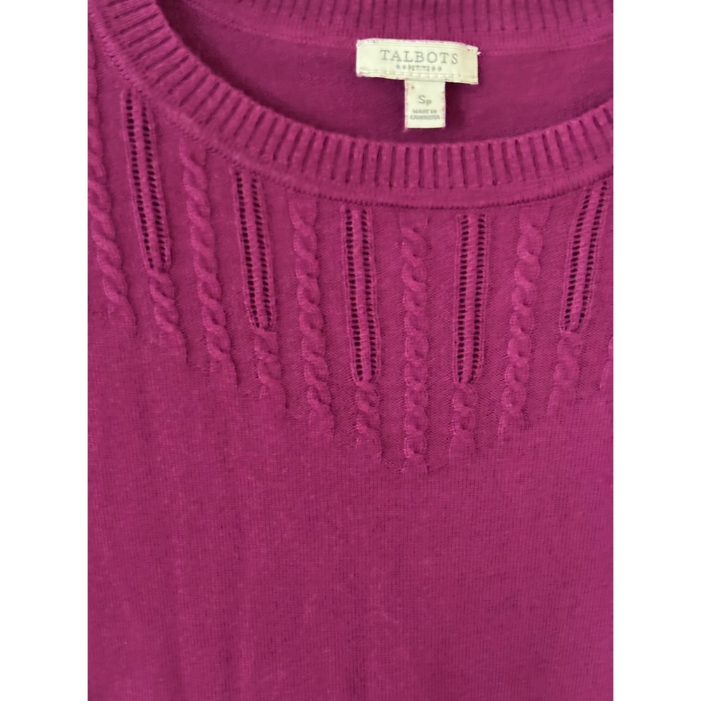 Talbots Petite Magenta Purple Cable Knit Pointelle Yoke Cotton Blend Sweater SP - Picture 2 of 5